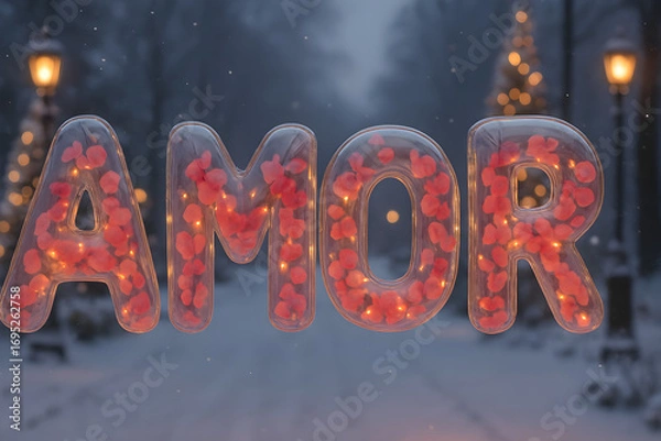 Fototapeta A close up of the word "amor" with red letters and a lot of red flowers