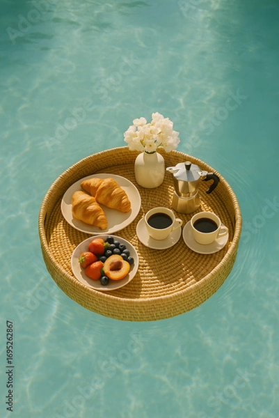Fototapeta A tray of food and drinks is floating in a pool