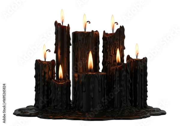 Fototapeta A group of dark, dripping candles with flickering flames against a Transparent background.