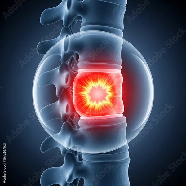Fototapeta Spinal column with highlighted disc showing pain or inflammation in a medical illustration view