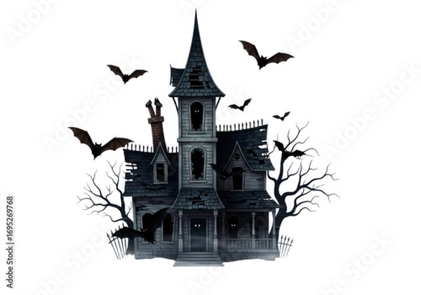 Obraz An eerie, old, dilapidated mansion stands out against a stark black background, surrounded by bats and bare branches, creating a captivating Halloween theme.