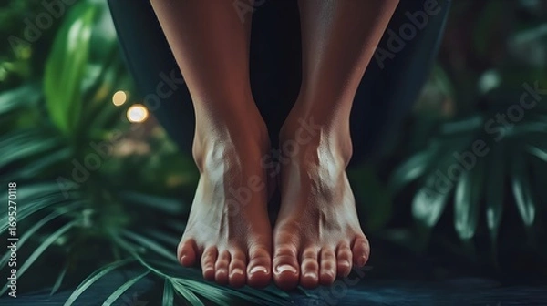 Fototapeta Woman's feet relaxing at a nature reflexology spa