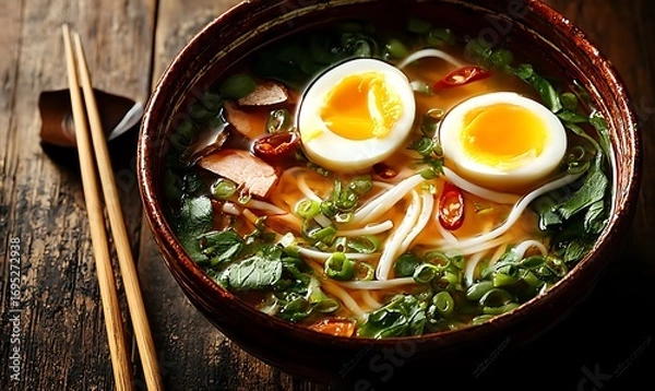 Fototapeta 
Warm Bowl of Pho with Soft Boiled Eggs and Chopsticks

