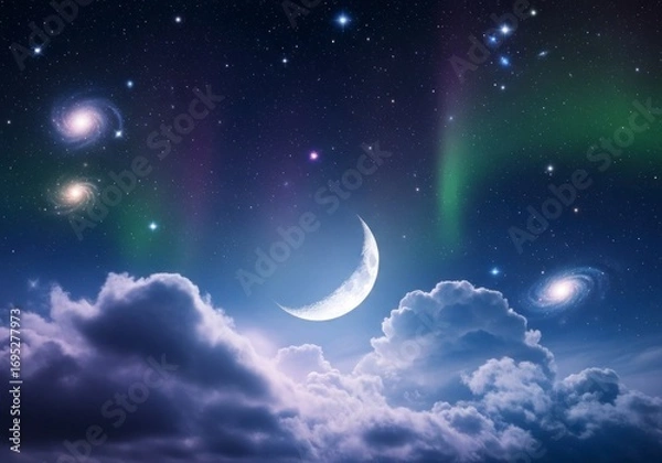 Fototapeta Crescent Moon and Stars in a Dreamy Night Sky with Clouds and Aurora Borealis.