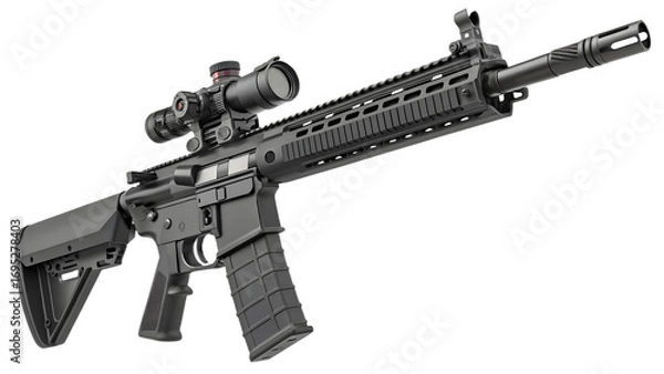 Fototapeta Realistic Tactical Rifle PNG – Side View, Matte Black, Custom Clean Design, Isolated Transparent Background