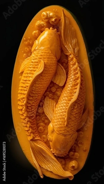 Fototapeta Mango carving shaped like two koi fish swimming together