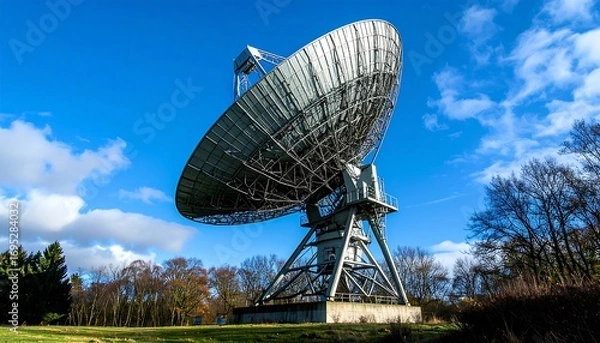 Fototapeta Dramatic view of a radio telescope against a clear blue sky horizon