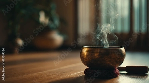 Fototapeta A brass singing bowl with smoke rising, placed on a wooden floor in a calm, meditative indoor setting.