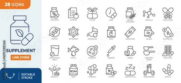 Fototapeta Supplement line editable icon set. Containing vitamin, nutritional Supplements, capsule, protein, minerals, herbal, probiotic, antioxidant and more. Editable stroke. Vector illustration