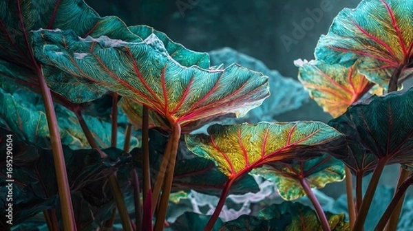 Obraz Close-up view of large, vibrant teal and red leaves with intricate veins, illuminated from below in a mystical, otherworldly garden.