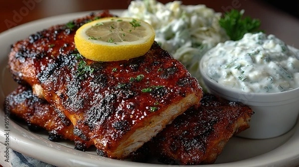 Fototapeta Grilled fish with lemon coleslaw and sauce served on a plate.