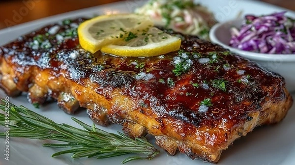 Fototapeta Grilled ribs with lemon and salad on a white plate close up.