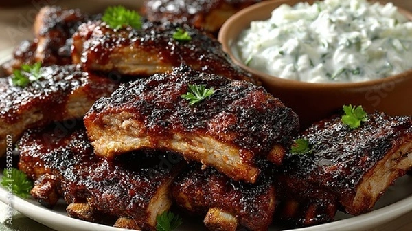 Fototapeta Glazed ribs with parsley garnish served with a bowl of white sauce.