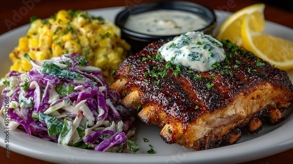 Fototapeta Ribs with sides of corn salad coleslaw lemon and sauce on plate.