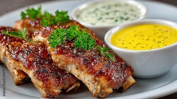 Fototapeta Ribs with sauce and parsley garnish on a plate with dipping sauces.