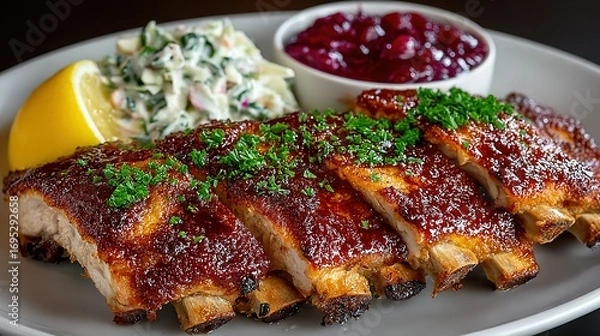 Fototapeta Ribs with coleslaw cranberry sauce and lemon wedge on a plate.