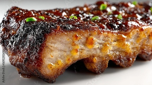 Fototapeta Close-up of cooked ribs with sauce and green onions on a white surface.