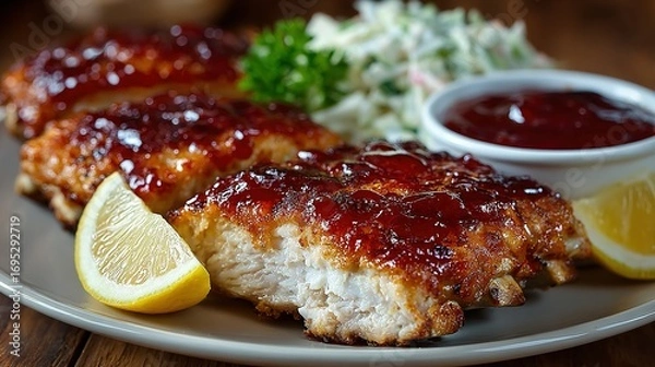 Fototapeta Three pieces of glazed chicken with coleslaw lemon and sauce on plate.