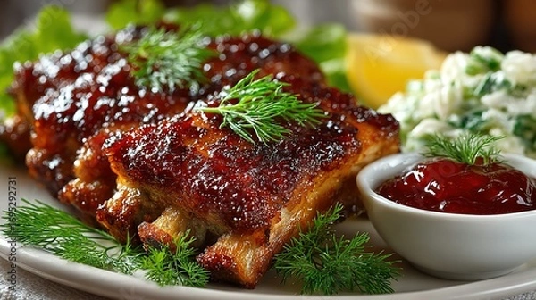 Fototapeta Ribs glazed with sauce served with coleslaw and greens on a plate.