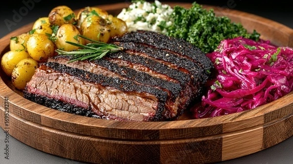Fototapeta Meat dish on wooden platter with potatoes cabbage and red cabbage salad.