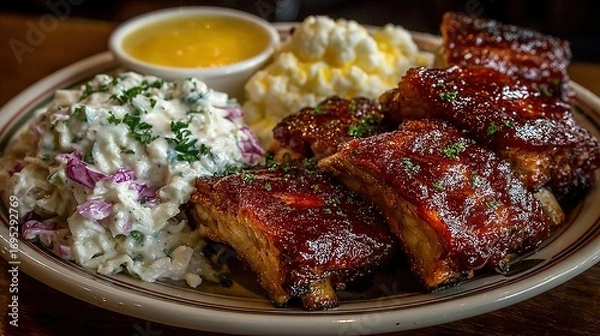 Fototapeta Plate of ribs with coleslaw mashed potatoes and sauce on a wooden table.