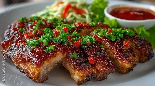 Fototapeta Grilled ribs with sauce and salad on a white plate close up.