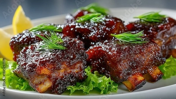 Fototapeta Glazed ribs with garnish and lemon wedges on a white plate.