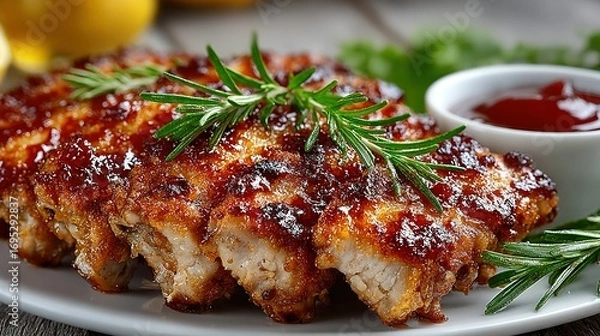 Fototapeta Sliced grilled chicken with sauce and rosemary garnish served on a plate.