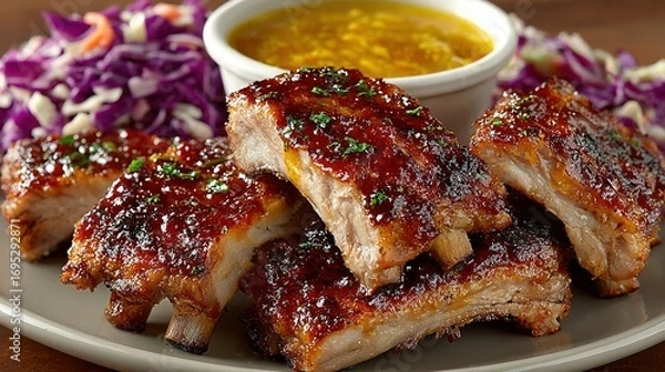 Fototapeta Glazed ribs with sauce and slaw on a plate.