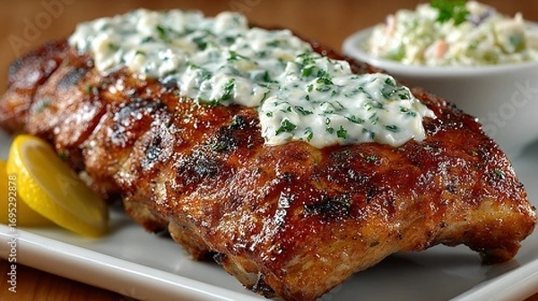 Fototapeta Grilled ribs topped with sauce served with coleslaw and lemon wedges.