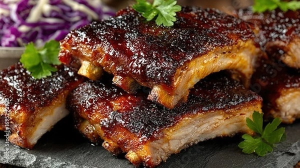 Fototapeta Glazed ribs with garnish and purple cabbage salad on a dark surface.