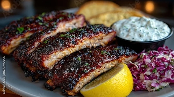Fototapeta Ribs with sauce lemon coleslaw and dip on a plate food photography.
