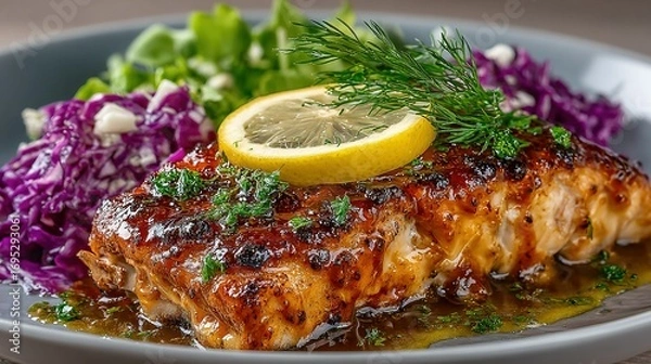Fototapeta Salmon fillet with lemon red cabbage and greens on a blue plate.