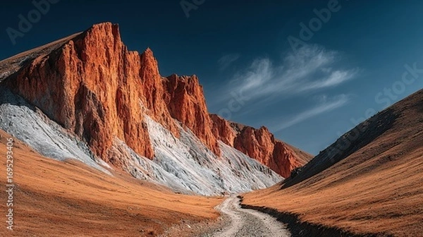 Fototapeta Mountain range with orange and white peaks under a blue sky with clouds.