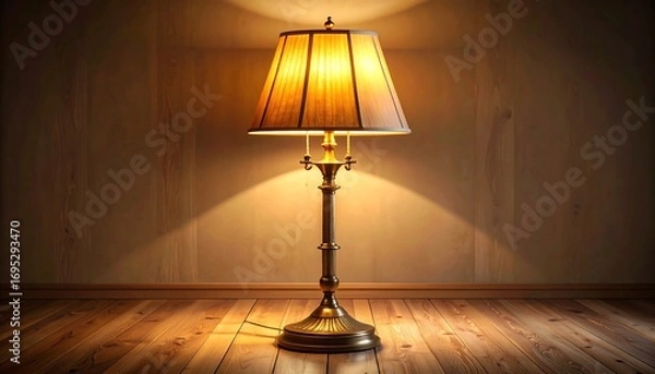 Fototapeta Elegant glowing table lamp illuminates a wood-paneled room enhancing cozy atmosphere