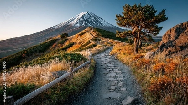 Fototapeta Mountain path leads to snow-capped peak with tree and blue sky.