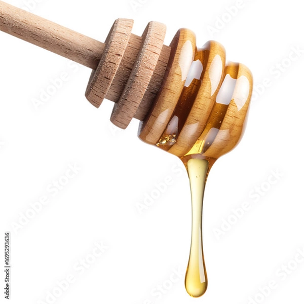 Fototapeta Wooden honey dipper with dripping golden honey against a black background close up shot