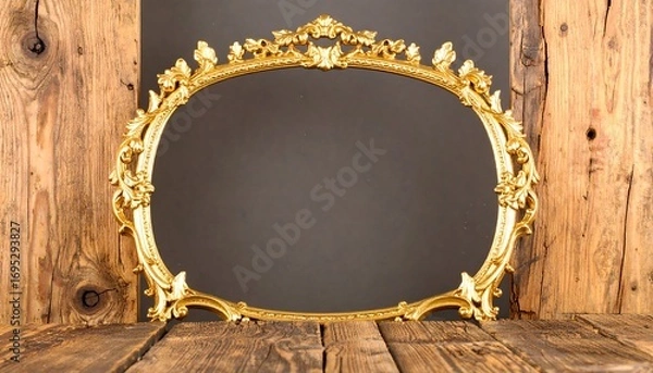 Fototapeta Elegant gilded frame on weathered wood surface, opulent design and contrast