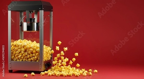 Obraz A popcorn machine with fluffy popcorn overflowing, solid red background