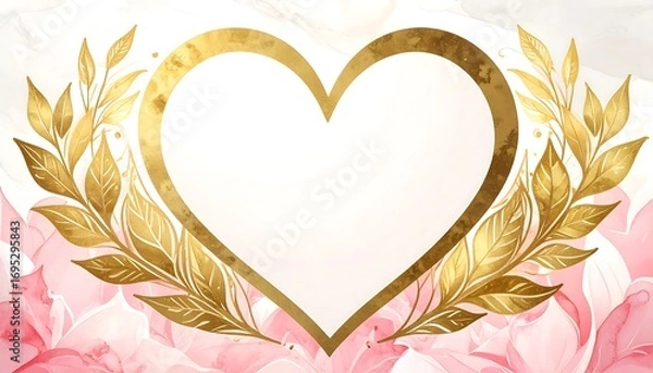 Fototapeta Elegant heart frame with golden leaves and pink watercolor textures backdrop