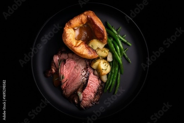 Fototapeta Succulent roast beef with yorkshire pudding and vegetables on black plate