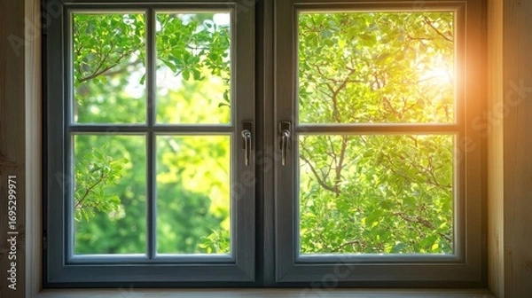 Obraz A window with a view of trees and a sun shining through it