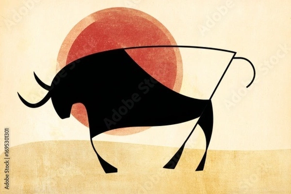 Fototapeta Minimalist bull silhouette on textured background with red circle