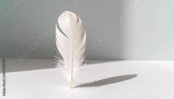 Fototapeta Elegant single white feather against a pastel wall casting a shadow on the surface