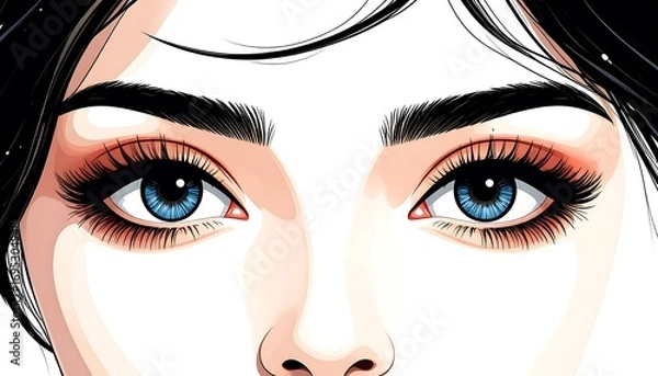 Obraz Close-up illustration of a woman's expressive eyes, highlighting detailed eyelashes and vibrant blue irises against a stark white background.