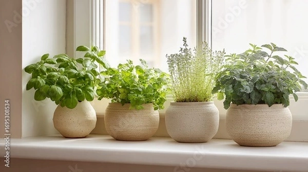 Fototapeta Four potted herbs on a windowsill in natural light, basil, parsley, thyme, and oregano.