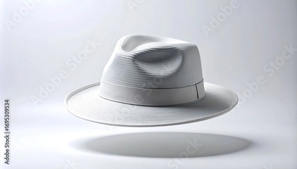 Fototapeta Elegant white fedora hat floating in minimalist studio setup with subtle shadows