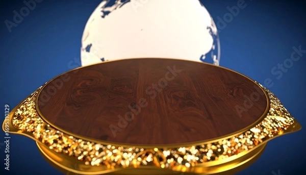 Fototapeta Elegant wooden table with golden details and a globe against a blue backdrop