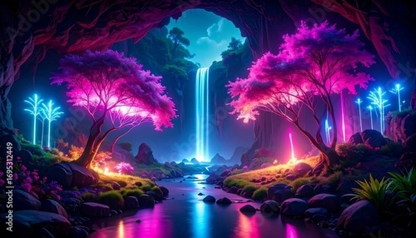 Fototapeta Enchanted Waterfall Landscape with Neon Trees and Vibrant Reflections in the River