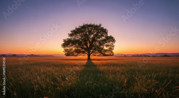 Fototapeta Solitary majestic tree silhouetted against vibrant sunset sky in a serene field